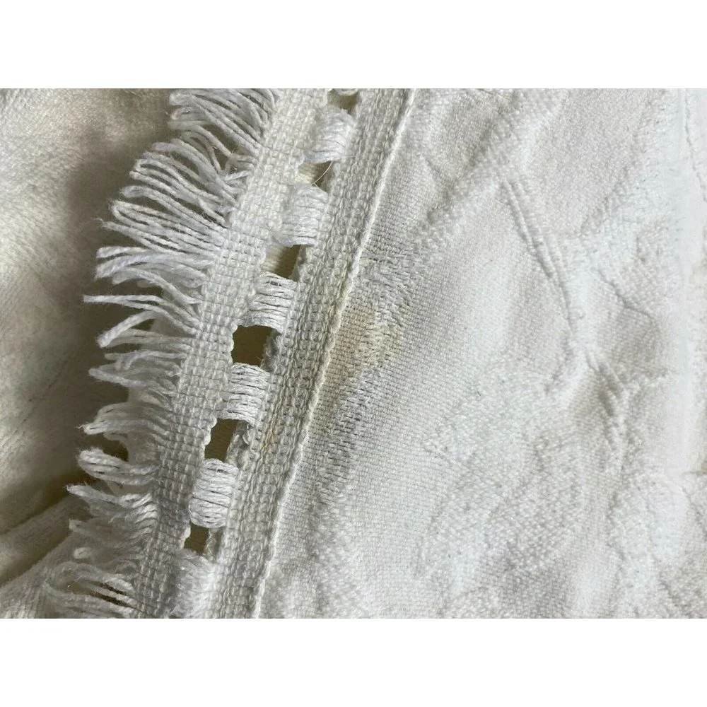 Vintage 1960s 1970s White Cotton Quilt Blanket Throw Bedspread Woven Fringe